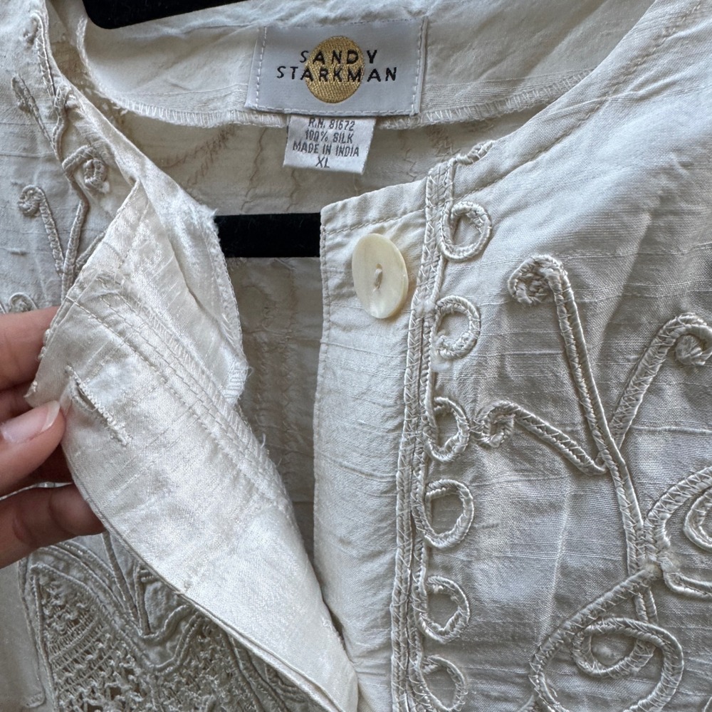 Sandy Starkman Jacket XL Cream Vintage Silk Embroidered Beaded Boho Art to Wear - Picture 12 of 16